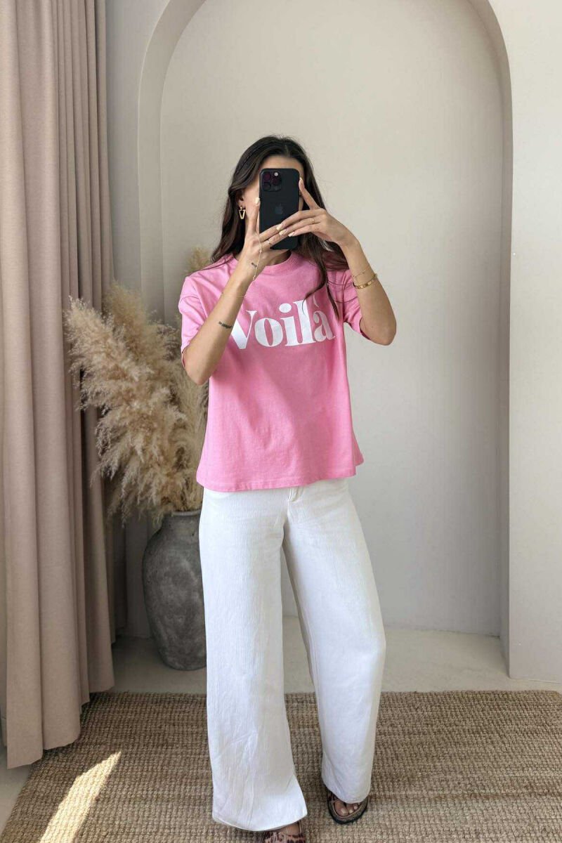 T-SHIRT I THJESHTË PËR FEMRA ME SHKRIM VOILA NË NGJYRËN ROZË - 2