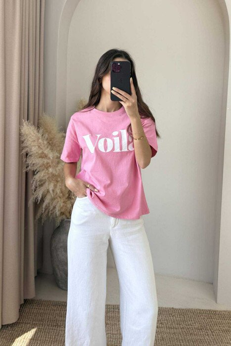 T-SHIRT I THJESHTË PËR FEMRA ME SHKRIM VOILA NË NGJYRËN ROZË - 3