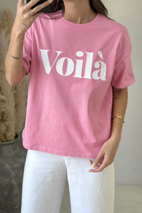 T-SHIRT I THJESHTË PËR FEMRA ME SHKRIM VOILA NË NGJYRËN ROZË - 1