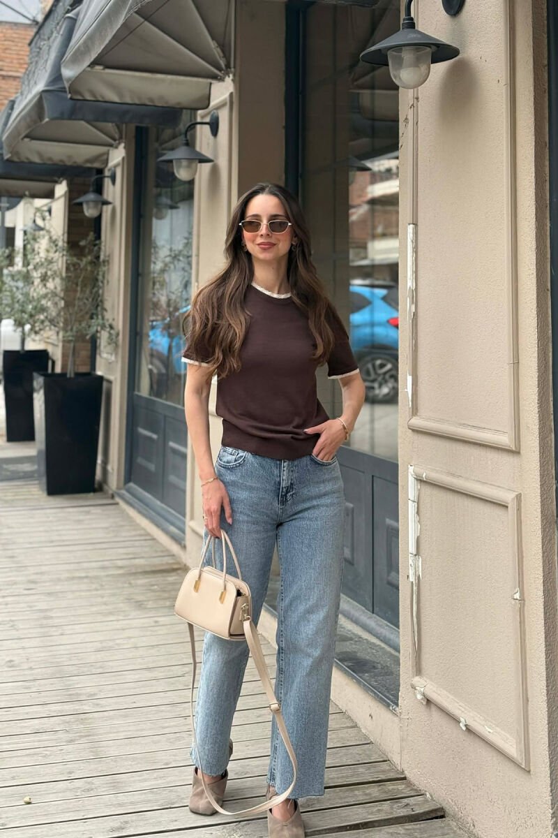 T-SHIRT ME DETAJ DANTELLE PER FEMRA NE NGJYRE KAFE - 4