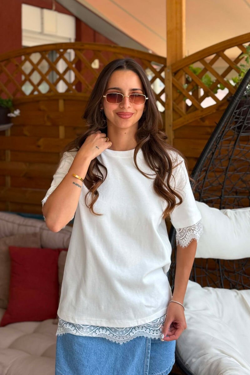 T-SHIRT ME DETAJ DANTELLE PER FEMRA NE NGJYRE TE BARDHE - 3