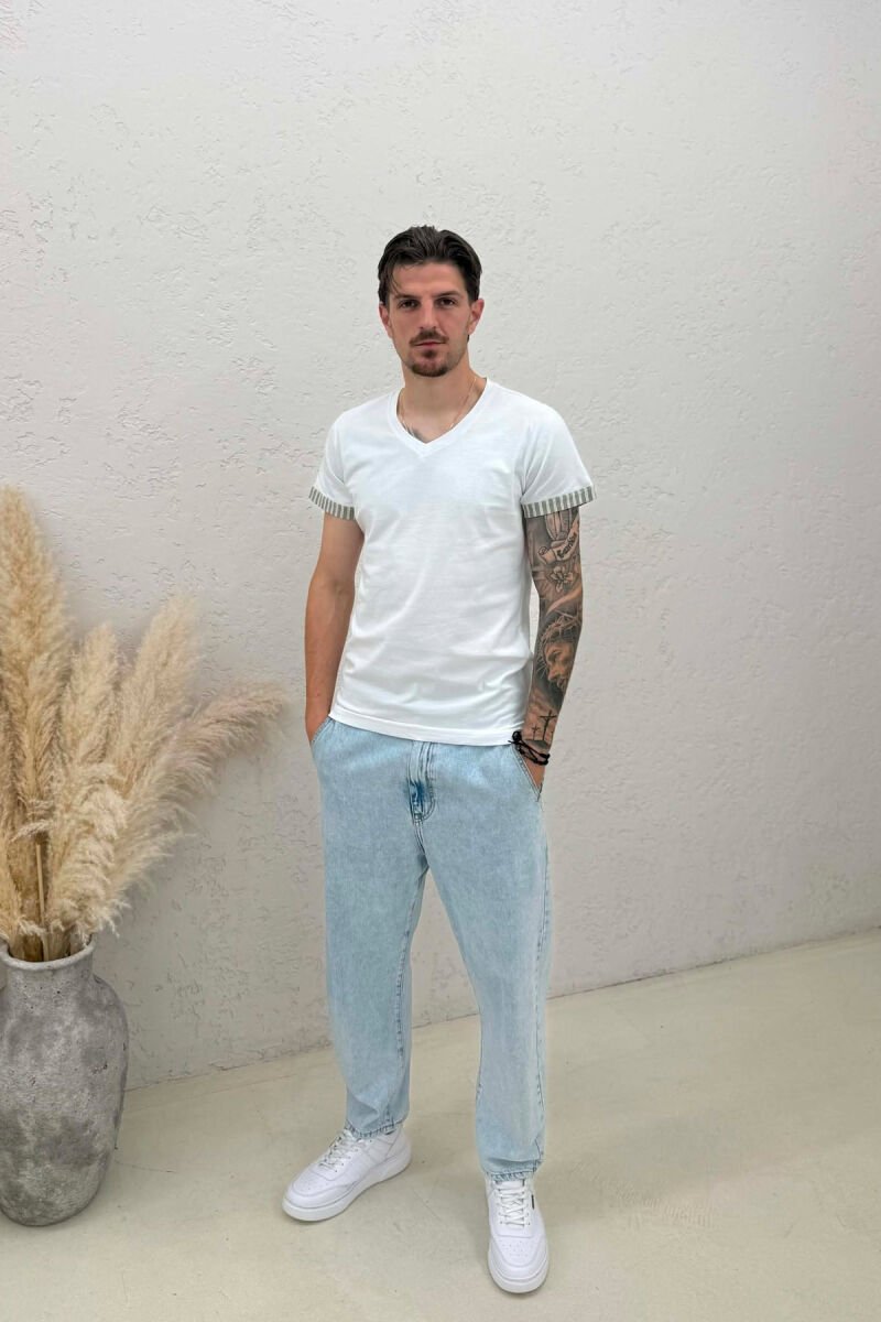 T-SHIRT ME DETAJE ME JAKË V PËR MESHKUJ NË NGJYRËN JESHILE+E BARDHË - 3