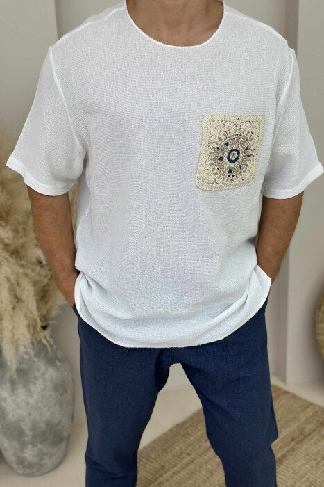 T-SHIRT ME DETAJE TË THJESHTA PËR MESHKUJ NË NGJYRËN E BARDHË - 3
