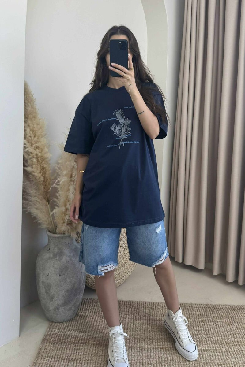 FRONT & BACK DESIGNED WRITTINGS WOMEN T-SHIRTS DARK BLUE/BEE - 1