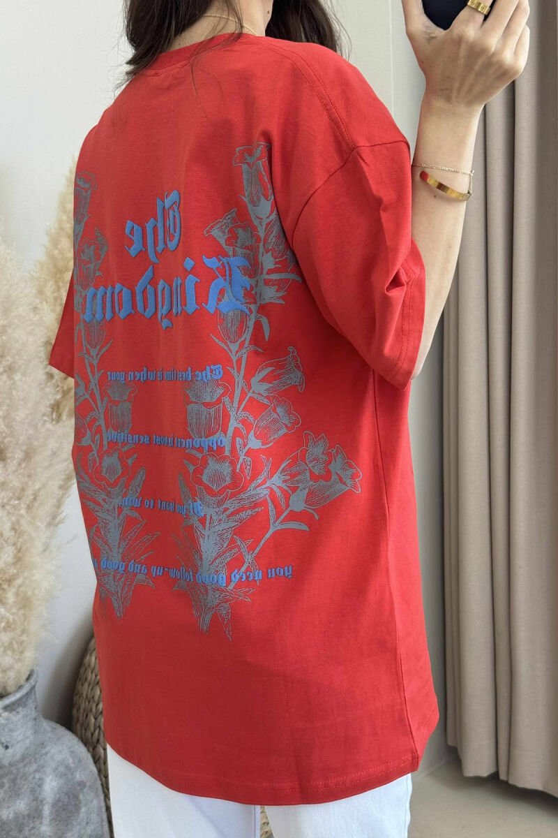 T-SHIRT ME DIZANJ DHE SHKRIME PËR FEMRA NË NGJYRËN PORTOKALLI E ERRËT - 4