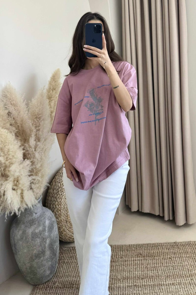 T-SHIRT ME DIZANJ DHE SHKRIME PËR FEMRA NË NGJYRËN PUDËR - 1