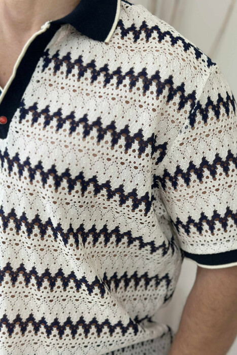 T-SHIRT ME DIZAJN ME JAKË POLO PËR MESHKUJ NË NGJYRËN KREM+BLU E ERRËT - 2
