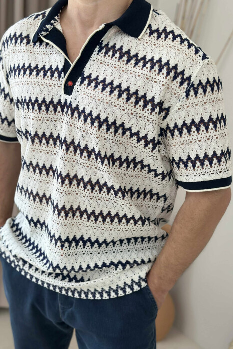 T-SHIRT ME DIZAJN ME JAKË POLO PËR MESHKUJ NË NGJYRËN KREM+BLU E ERRËT - 3