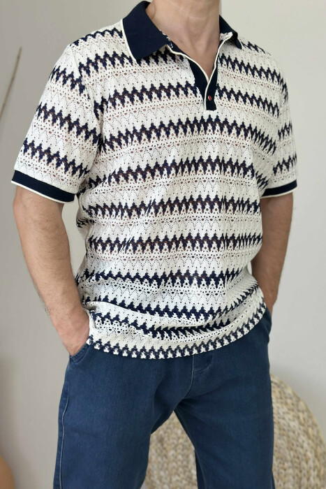 T-SHIRT ME DIZAJN ME JAKË POLO PËR MESHKUJ NË NGJYRËN KREM+BLU E ERRËT - 4