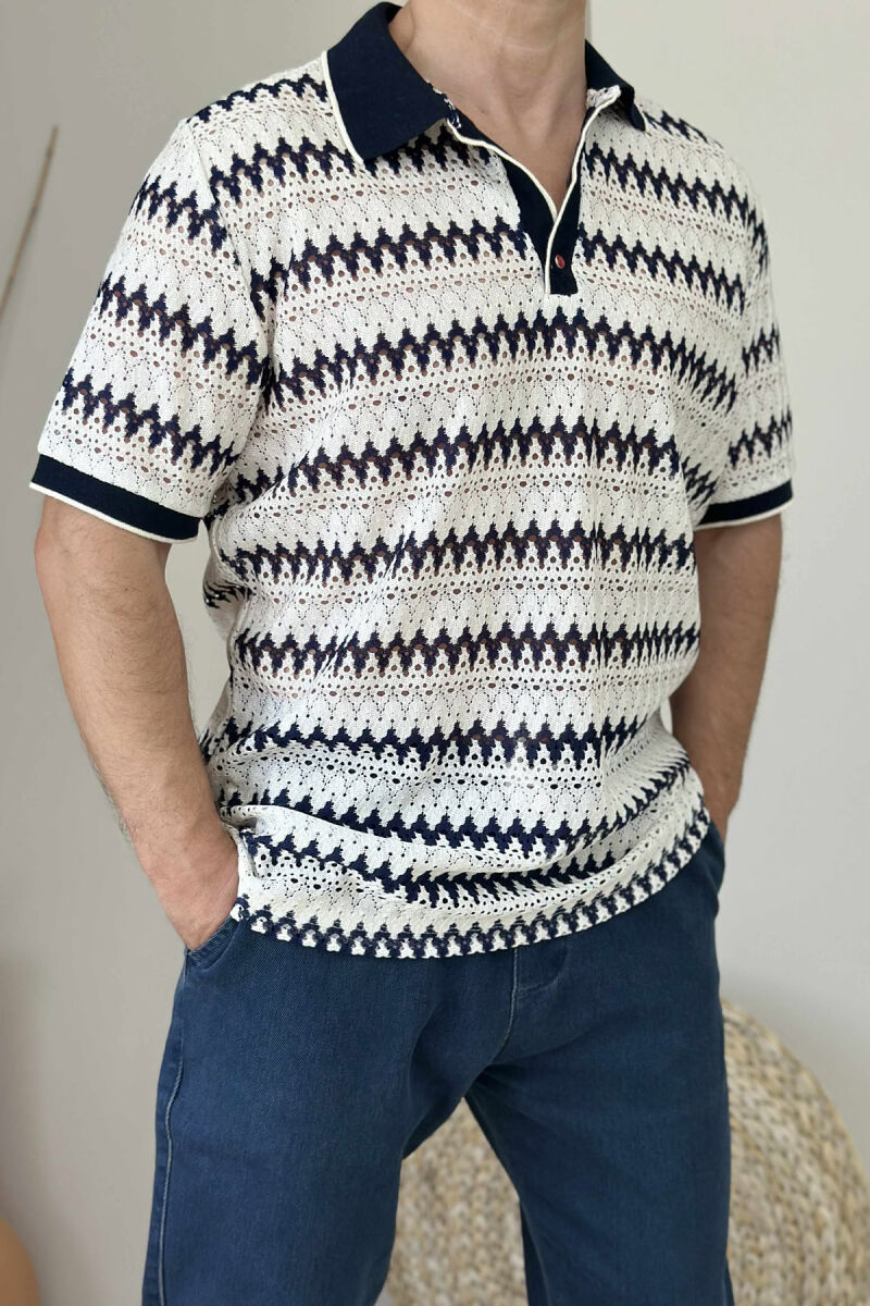 T-SHIRT ME DIZAJN ME JAKË POLO PËR MESHKUJ NË NGJYRËN KREM+BLU E ERRËT - 4