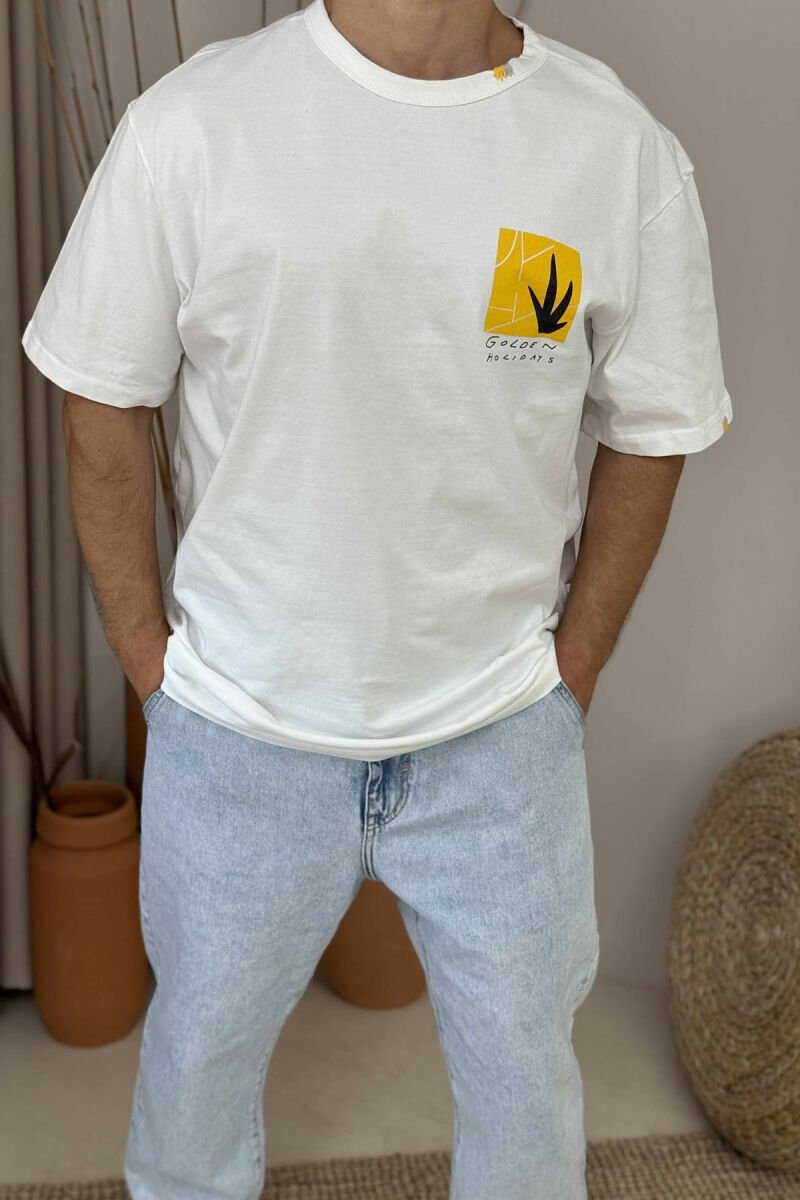 T-SHIRT ME DIZANJ GOLD PËR MESHKUJ NË NGJYRËN E BARDHË - 2
