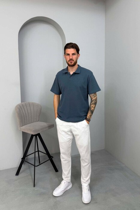 T-SHIRT ME JAKE POLO I TEKSTURUAR NE NGJYRE BLU - 3