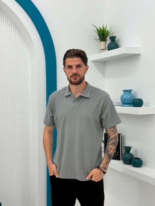 T-SHIRT ME JAKE POLO I TEKSTURUAR NE NGJYRE GRI - 1