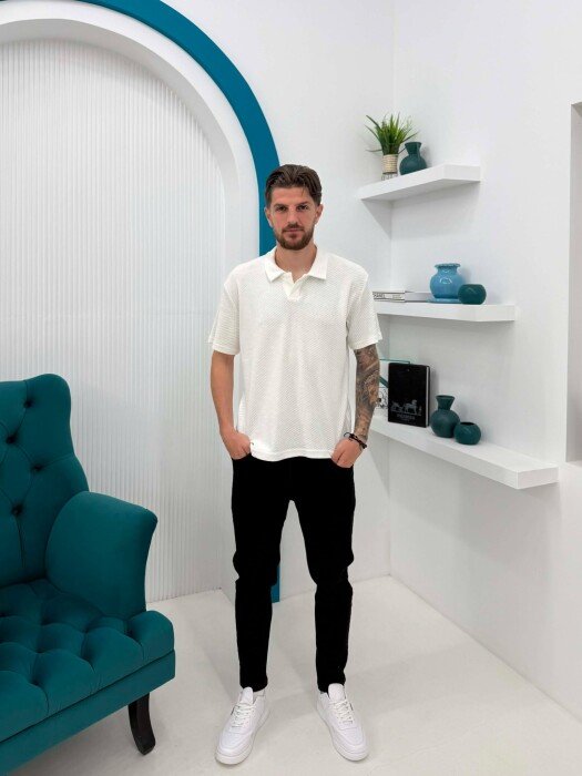 T-SHIRT ME JAKE POLO I TEKSTURUAR NE NGJYRE TE BARDHE - 3