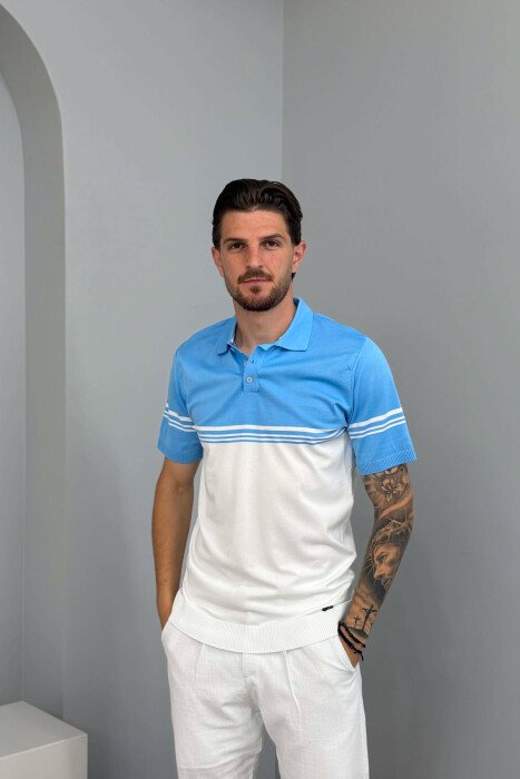 T-SHIRT ME JAKE POLO ME DY NGJYRA PER MESHKUJ NE NGJYRE BLU TE ZBARDHUR - 1