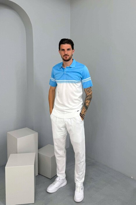 T-SHIRT ME JAKE POLO ME DY NGJYRA PER MESHKUJ NE NGJYRE BLU TE ZBARDHUR - 3