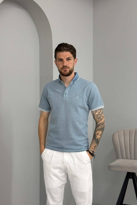 T-SHIRT ME JAKE POLO ME TEKSTURE PER MESHKUJ NE NGJYRE BLU TE ZBARDHUR - 1