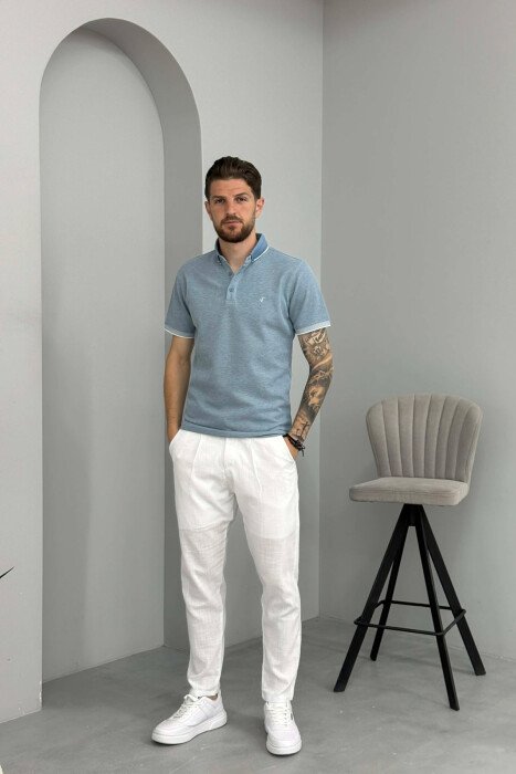 T-SHIRT ME JAKE POLO ME TEKSTURE PER MESHKUJ NE NGJYRE BLU TE ZBARDHUR - 4