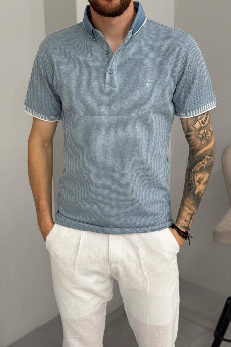 T-SHIRT ME JAKE POLO ME TEKSTURE PER MESHKUJ NE NGJYRE BLU TE ZBARDHUR - 5