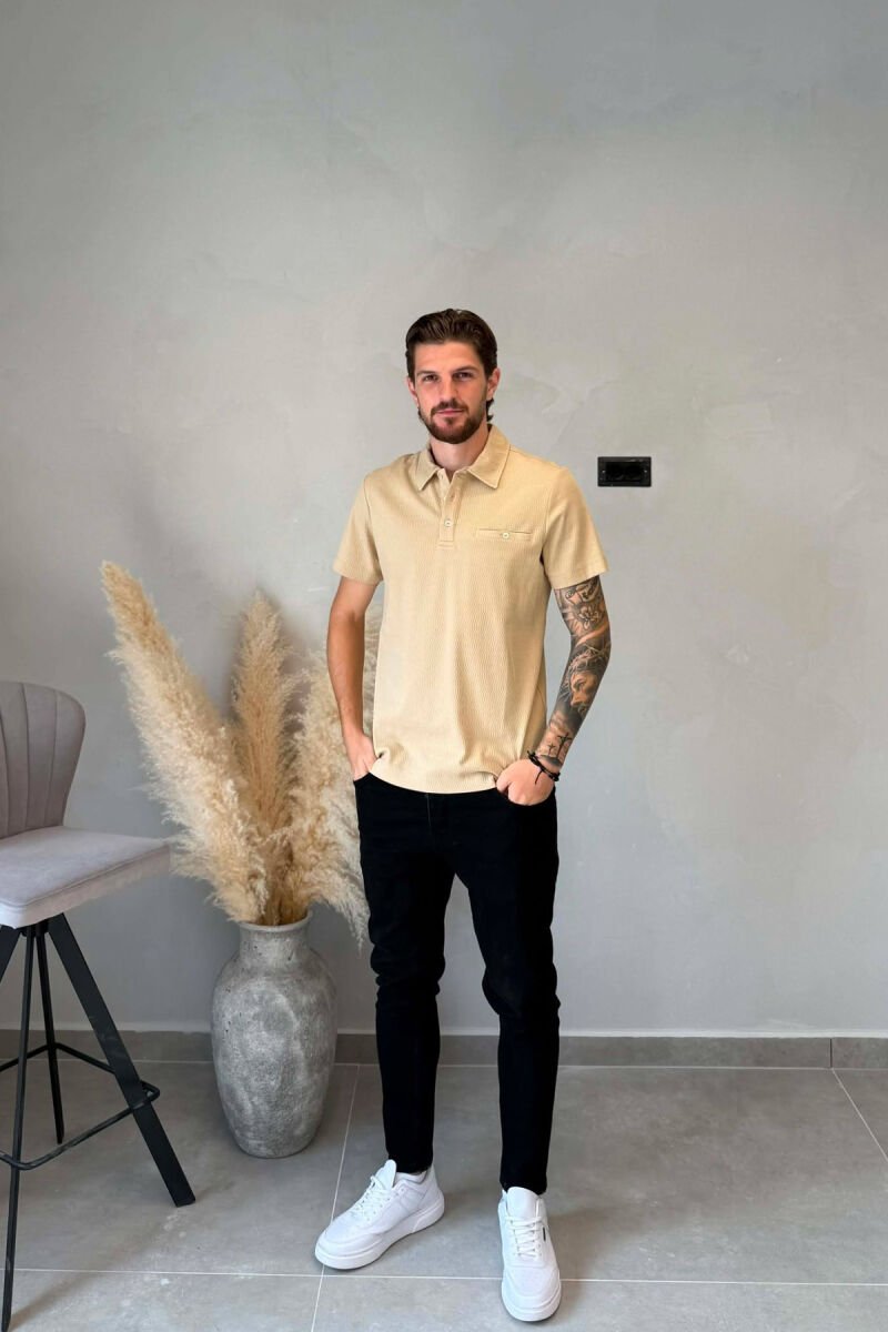 T-SHIRT ME JAKE POLO PER MESHKUJ NE NGJYRE BEZHE - 3