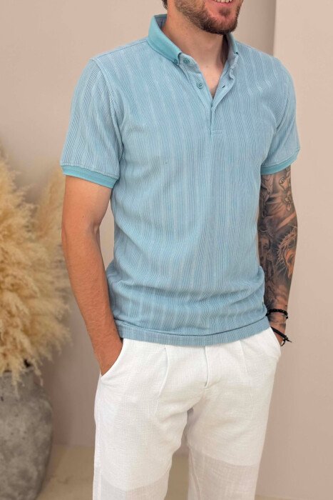 T-SHIRT ME JAKE POLO PER MESHKUJ NE NGJYRE BLU TE ZBARDHUR - 4