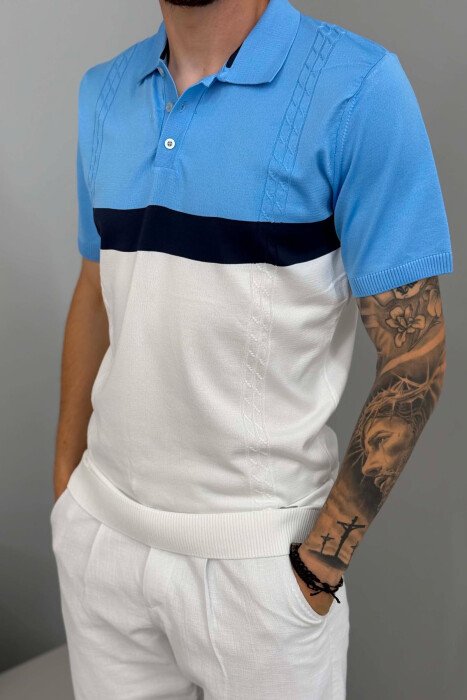T-SHIRT ME JAKE POLO PER MESHKUJ NE NGJYRE BLU TE ZBARDHUR - 4