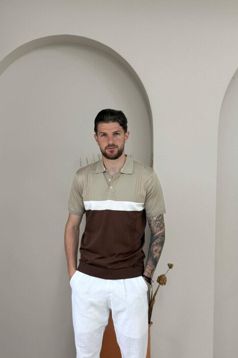 T-SHIRT ME JAKE POLO PER MESHKUJ NE NGJYRE BEZHE - 1