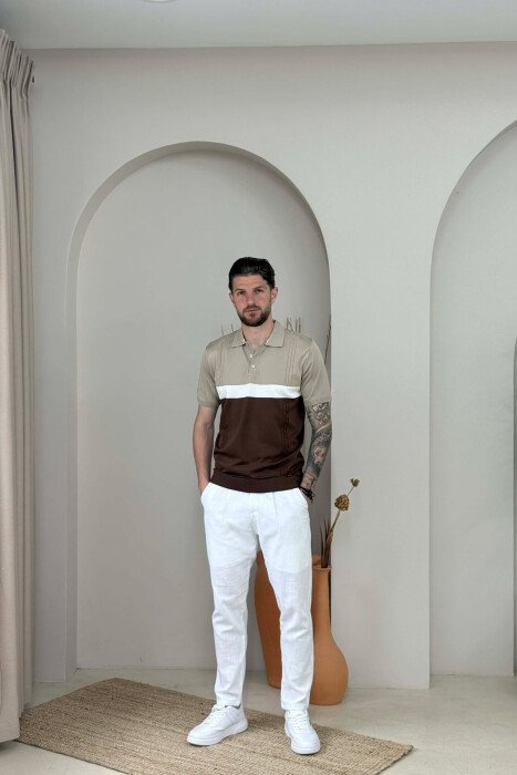 T-SHIRT ME JAKE POLO PER MESHKUJ NE NGJYRE BEZHE - 5