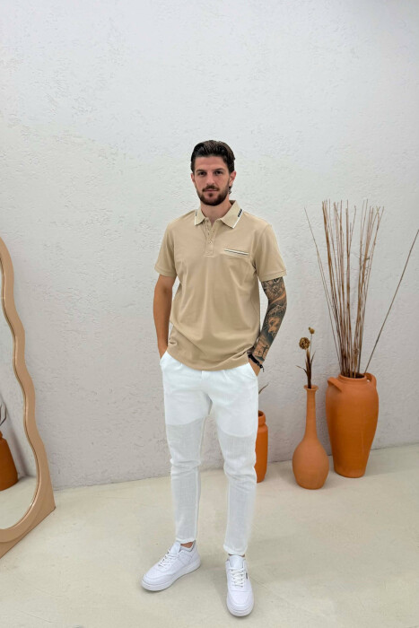 T-SHIRT ME JAKE POLO PER MESHKUJ NE NGJYRE BEZHE - 3