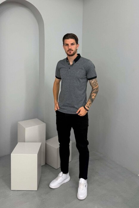 T-SHIRT ME JAKE POLO PER MESHKUJ NE NGJYRE GRI TE ZBARDHUR - 4