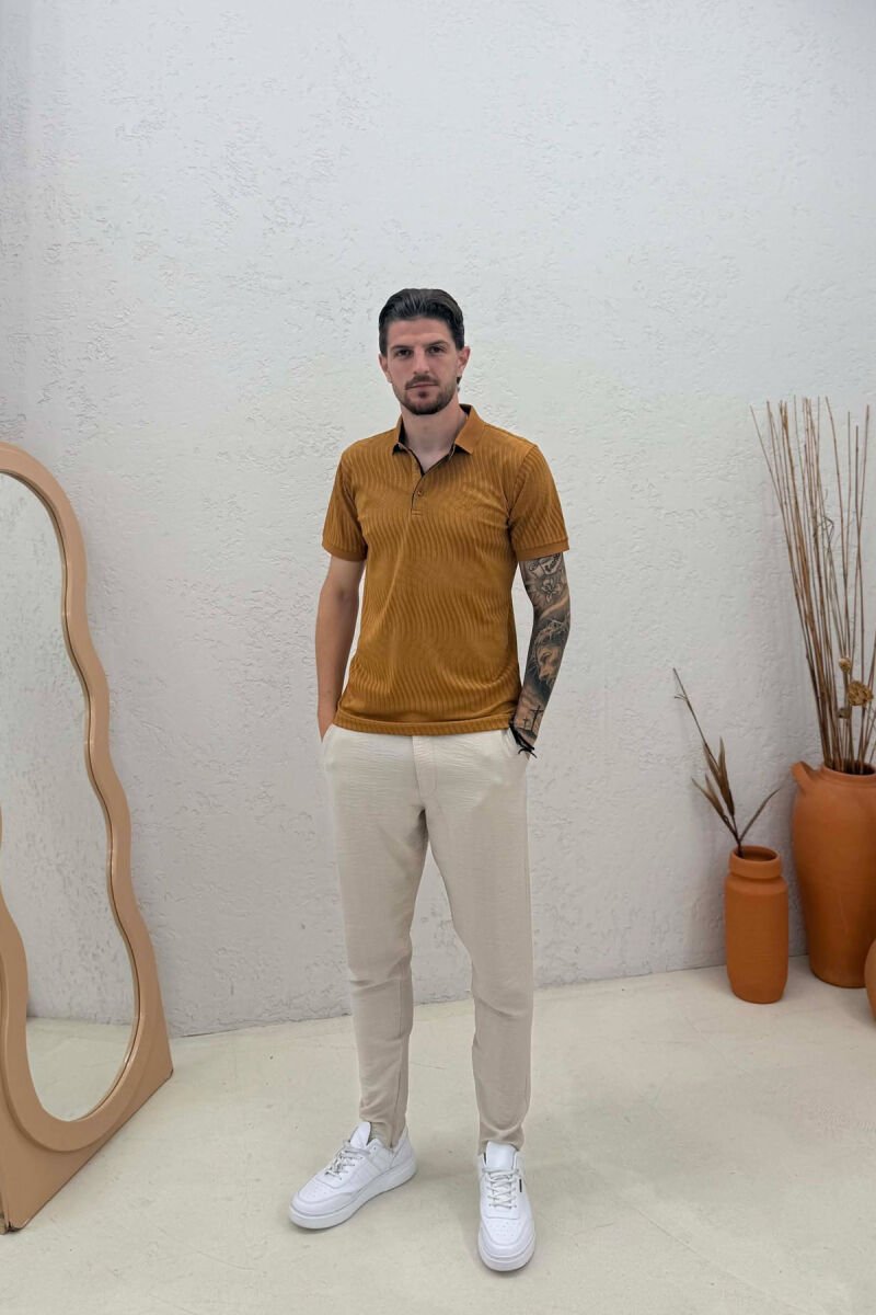 T-SHIRT ME JAKE POLO PER MESHKUJ NE NGJYRE KAFE TE ZBARDHUR - 3