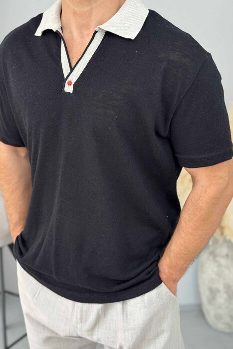 T-SHIRT ME JAKË POLO PËR MESHKUJ NË NGJYRËN E ZEZË - 3