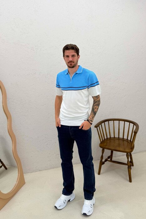 T-SHIRT ME JAKE POLO PER MESHKUJ NE NGJYRE BLU TE ZBARDHUR - 3
