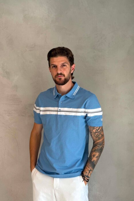 T-SHIRT ME JAKE POLO PER MESHKUJ NE NGJYRE BLU TE ZBARDHUR - KLAUDIO FASHION