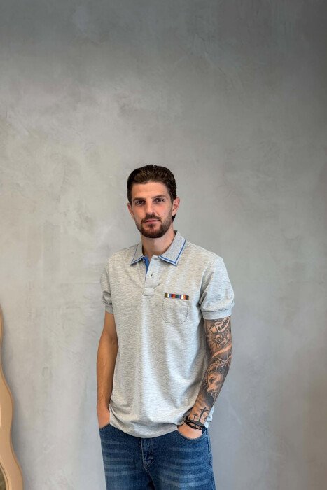 T-SHIRT ME JAKE POLO PER MESHKUJ NE NGJYRE GRI TE ZBARDHUR - KLAUDIO FASHION
