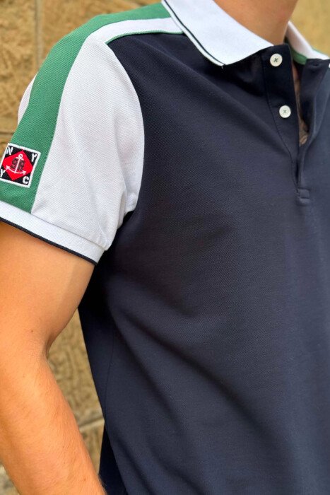 T-SHIRT ME JEKE POLO DHE ME LOGO TE VOGEL PER MESHKUJ NE NGJYRE BLU DHE JESHILE - 2