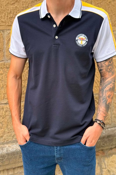 T-SHIRT ME JEKE POLO DHE ME LOGO TE VOGEL PER MESHKUJ NE NGJYRE BLU DHE TE VERDHE - 5