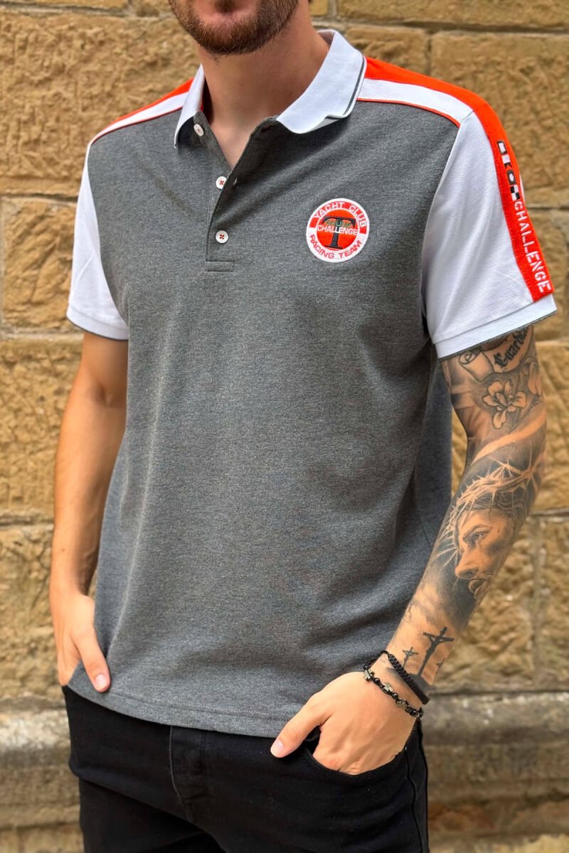 T-SHIRT ME JEKE POLO DHE ME LOGO TE VOGEL PER MESHKUJ NE NGJYRE GRI - 5