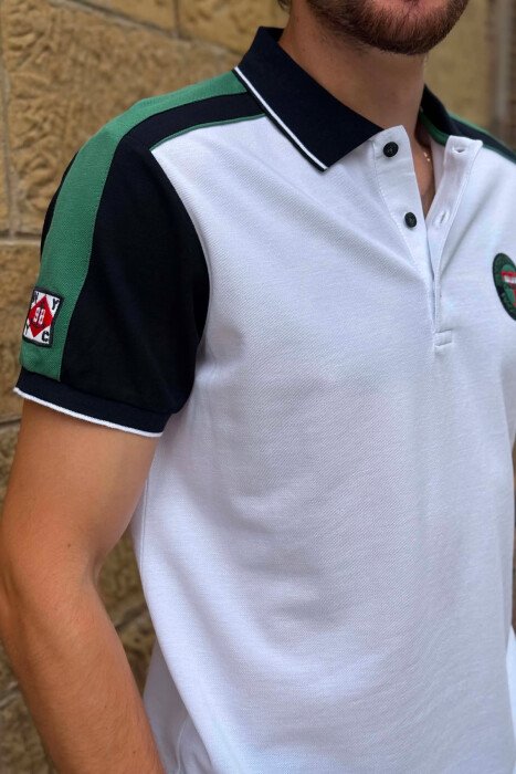 T-SHIRT ME JEKE POLO DHE ME LOGO TE VOGEL PER MESHKUJ NE NGJYRE TE BARDHE ME JESHILE - 2
