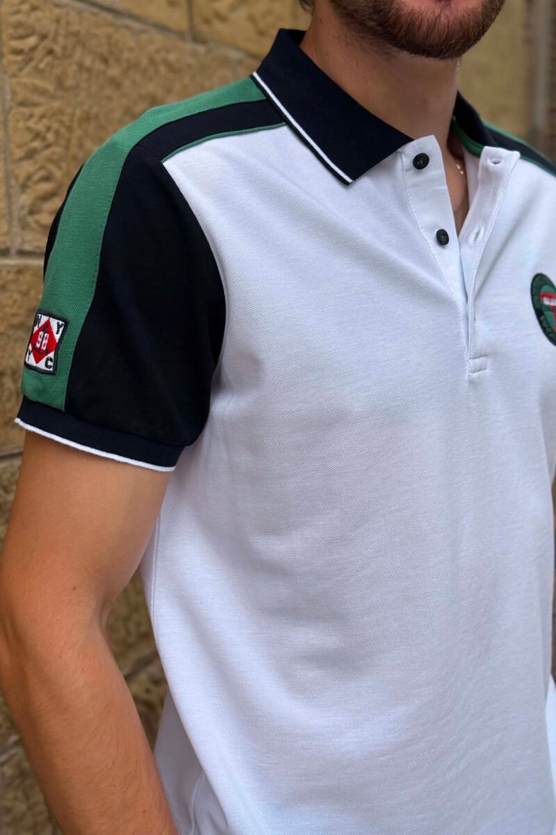 T-SHIRT ME JEKE POLO DHE ME LOGO TE VOGEL PER MESHKUJ NE NGJYRE TE BARDHE ME JESHILE - 2