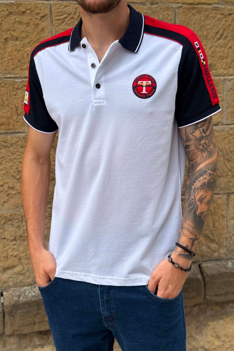 T-SHIRT ME JEKE POLO DHE ME LOGO TE VOGEL PER MESHKUJ NE NGJYRE TE BARDHE ME TE KUQE - 5