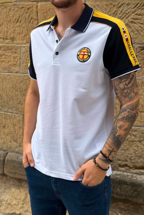 T-SHIRT ME JEKE POLO DHE ME LOGO TE VOGEL PER MESHKUJ NE NGJYRE TE BARDHE ME TE VERDHE - 5