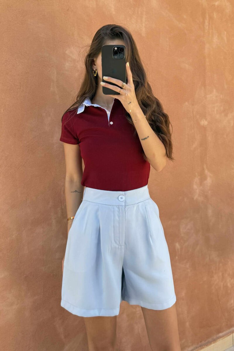 T-SHIRT ME JAKË POLO ME KOPSA PËR FEMRA NË NGJYRËN VISHNJË - 1