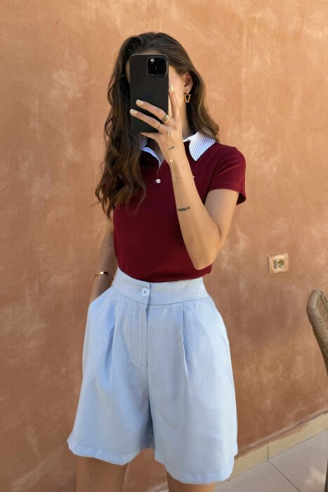 T-SHIRT ME JAKË POLO ME KOPSA PËR FEMRA NË NGJYRËN VISHNJË - 3