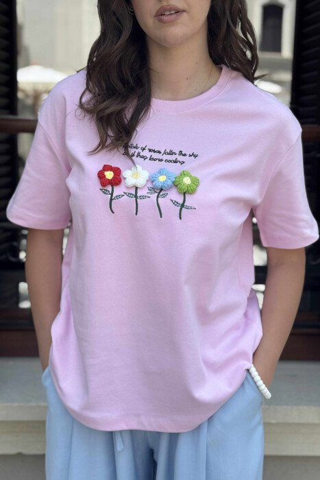 T-SHIRT ME LULE TË QËNDISURA PËR FEMRA NË NGJYRËN ROZË - 5