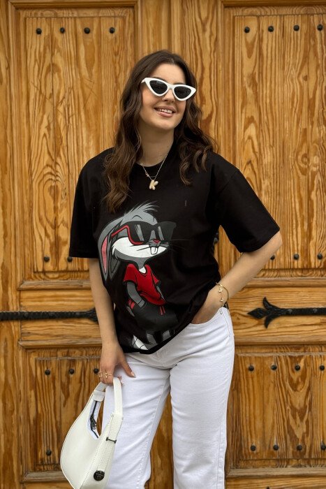 T-SHIRT ME SHKRIME DHE IMAZH PËR FEMRA NË NGJYRËN E ZEZË + NJE PAKETE CORAPE - 4