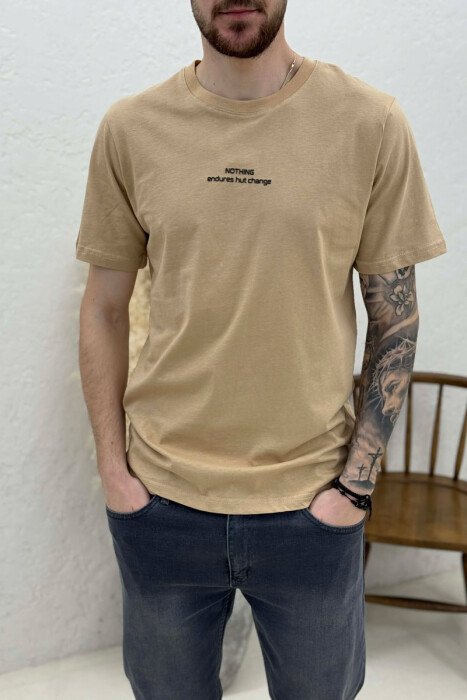 T-SHIRT ME SHKRIME NE PJESEN PARA PER MESHKUJ NE NGJYRE KAFE TE ZBARDHUR - 3