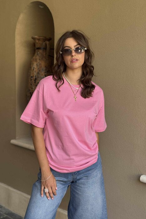 T-SHIRT NJË NGJYRËSH I THJESHTË PËR FEMRA NË NGJYRËN ROZË - 1