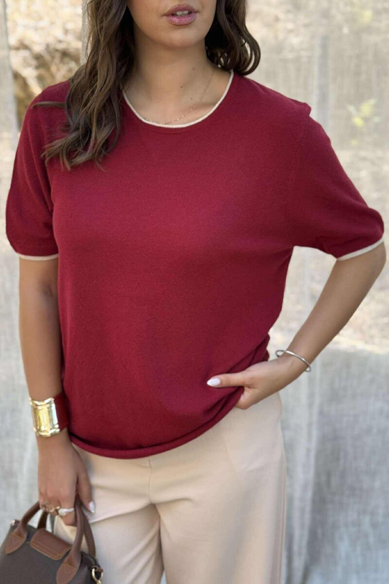 T-SHIRT NJË NGJYRËSH I THJESHTË PËR FEMRA NË NGJYRËN VISHNJË - 4