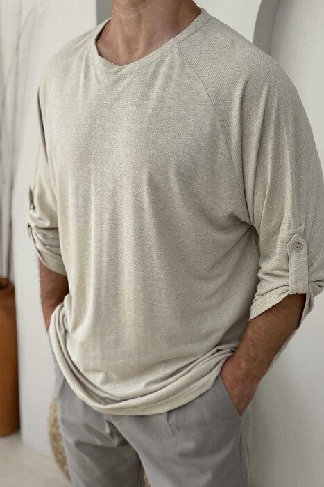 T-SHIRT NJË NGJYRËSH I THJESHTË PËR MESHKUJ NË NGJYRËN BEZHË - 2